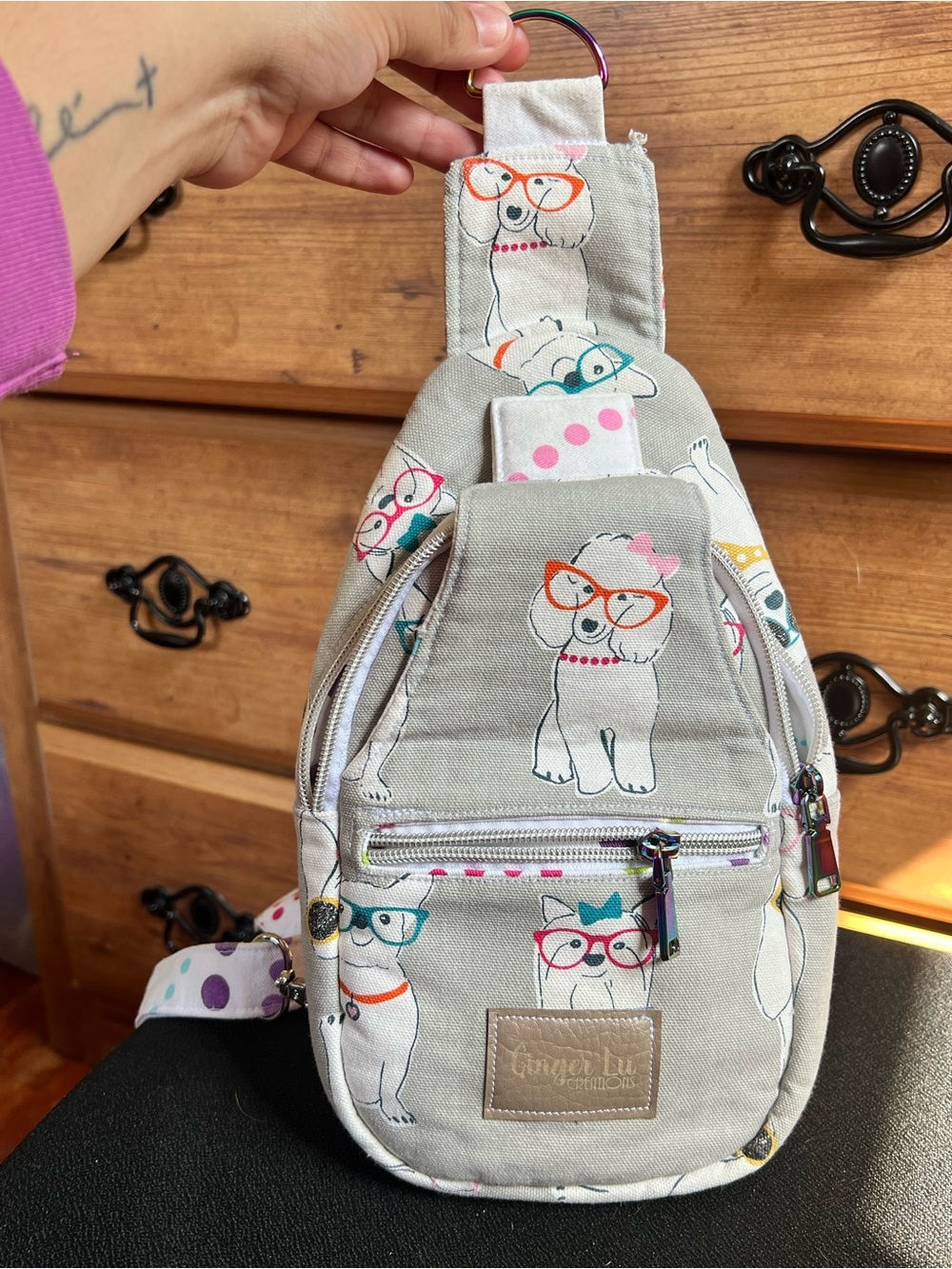 Ginger Lu Creations Gray Dog Print Crossbody Sling Bag